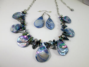iridescent rainbow blue mother of pearl necklace and earrings set
