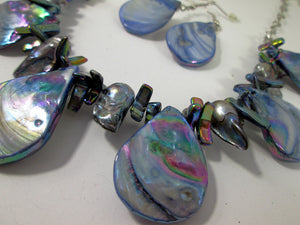 closeup view of rainbow blue seashell and pearl necklace and earrings set