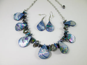 rainbow blue seashell and pearl necklace and earrings set