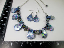 Load image into Gallery viewer, rainbow blue seashell and pearl necklace and earrings set with measurement
