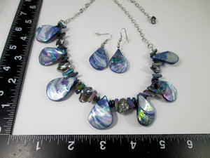 rainbow blue seashell and pearl necklace and earrings set with measurement
