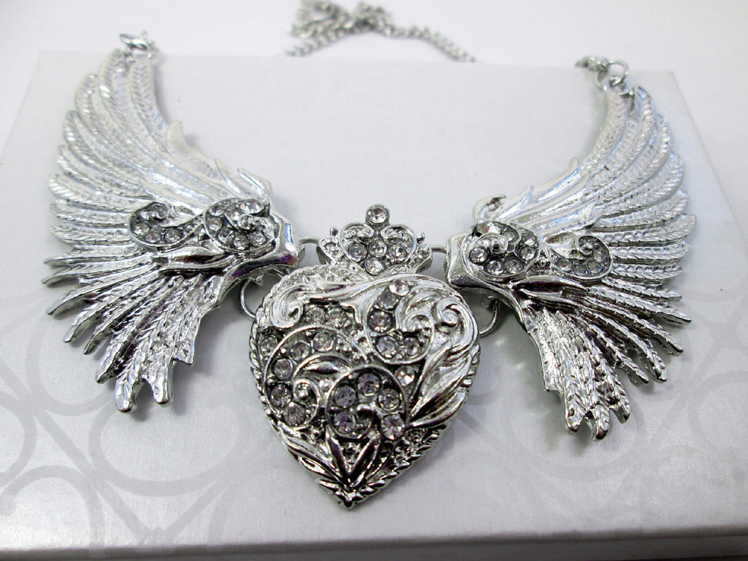 silver wing heart bib necklace