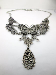 retro silver butterfly statement necklace