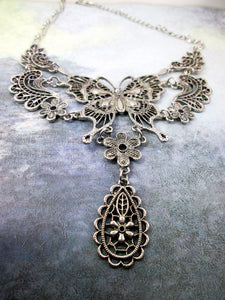 antique silver large butterfly bib necklace