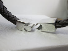 Load image into Gallery viewer, black braided leather cuff bracelet with open slide clasp, close-up