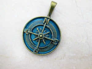 antique bronze blue compass pendant