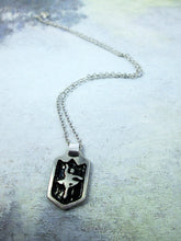 Load image into Gallery viewer, full view of handmade pewter dancer pendant necklace, pendant with black background, on metal chain, for teen girl or woman.