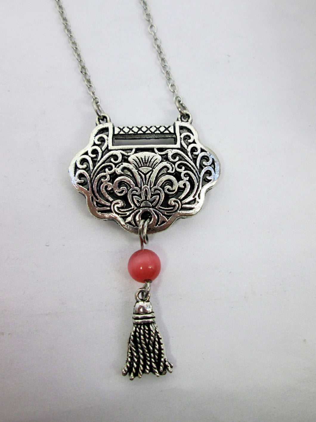 antique silver heart lock tassel necklace
