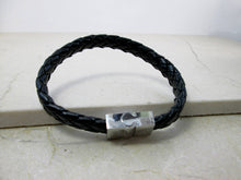 Load image into Gallery viewer, black braided leather cuff bracelet with closed clasp close-up 