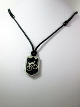 Load image into Gallery viewer, cycling pendant necklace, biker pendant necklace, pendant with black background, on black cord, for unisex teen or adult. (photo taken on a white background)