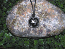 Load image into Gallery viewer, Year of the rat or mouse Chinese zodiac pendant necklace for unisex, squarish pendant with black background, cotton cord style. (picture taken on a background with a rock)