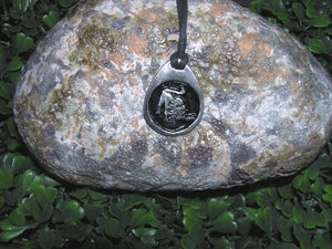 Leo horoscope pendant necklace on black cord, teardrop pendant with black background, for man or woman. (photo taken on background with a rock)