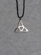 Load image into Gallery viewer, back view of Celtic Trinity Knot pendant necklace, on black cord, for unisex teen or adult. (photo taken on a gray background)