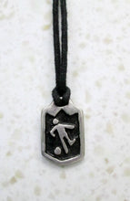 Load image into Gallery viewer, handmade soccer player pendant necklace, pendant with black background, on black cord, for men or women.