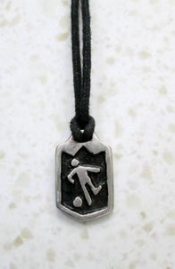 handmade soccer player pendant necklace, pendant with black background, on black cord, for men or women.