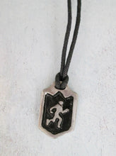 Load image into Gallery viewer, handmade pewter marathon runner or jogger pendant necklace, pendant wit black background, on black cord, for men or women.