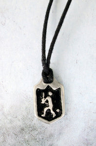 baseball player pendant necklace with black background, on black cord for unisex teen or adult. 