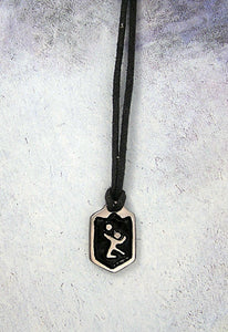 handmade pewter volleyball player pendant necklace, pendant with black background, on black cord, for men or women.