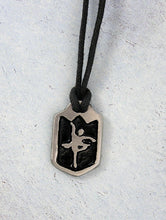 Load image into Gallery viewer, handmade pewter dancer pendant necklace, pendant with black background, on black cord, for teen girl or woman.