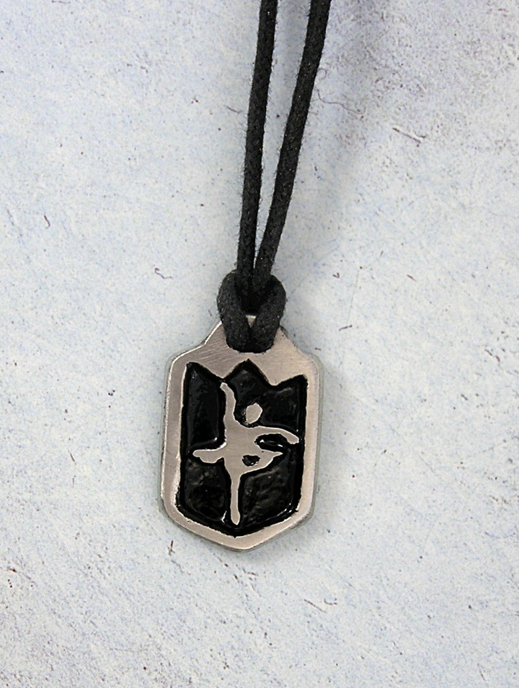 handmade pewter dancer pendant necklace, pendant with black background, on black cord, for teen girl or woman.