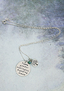 handmade and hand stamped message pendant necklace "Thank you for raising the man of my dream" with personalized birthstone and name initial charm.