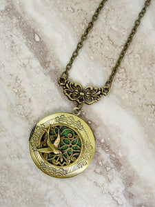 antique bronze filigree bird locket necklace