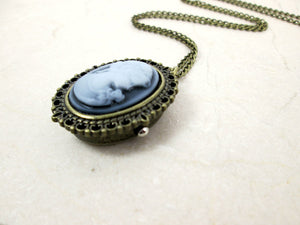 side view of cameo watch necklace