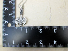 Load image into Gallery viewer, showing measurement of handmade pewter Celtic axe pendant necklace, double blade, double sided. 