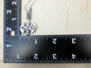 showing measurement of handmade pewter Celtic axe pendant necklace, double blade, double sided. 