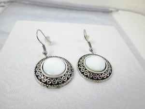 Antique Silver White Shell Eclipse Earrings